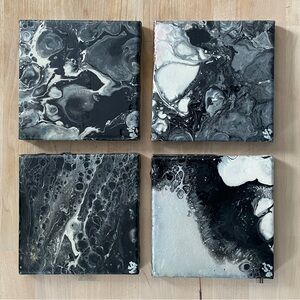 Set of 4 mini acrylic pour abstract art canvases in black, white, & silver color